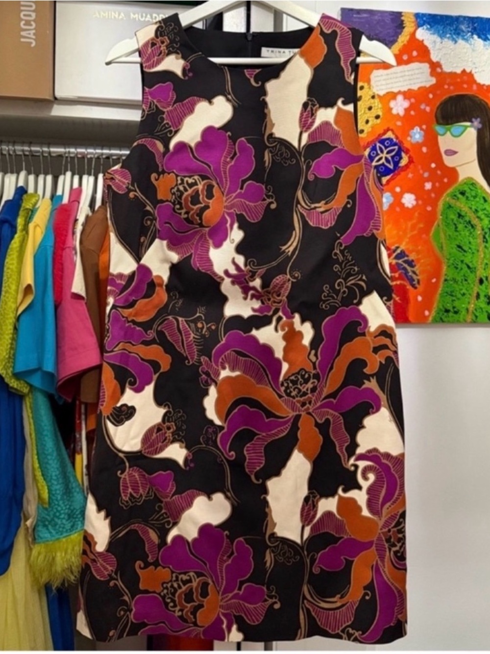 Trina Turk Black Floral Mini Dress with Purple & Brown Accents
